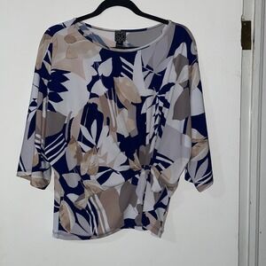 Clara Sun Woo PXL Navy Blue Floral Print Tie Front Dolman Sleeve Top